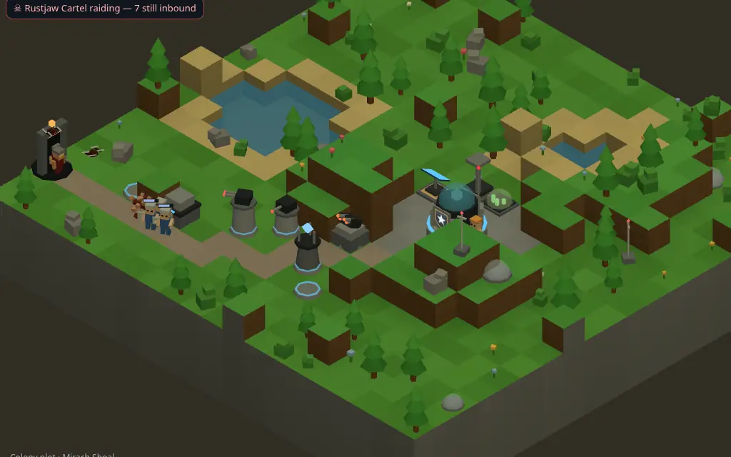 A small base in a pine forest. Pirates walk down the road from the gate while laser and missile towers fire at them.